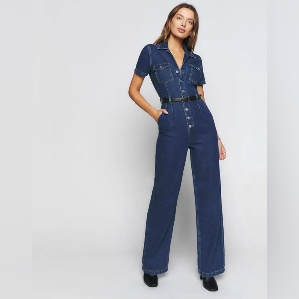 NWT Reformation James Wide Leg Short Sleeve Denim Jumpsuit Cargo Size 2